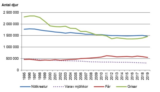 Antalet nötkreatur och får minskar på gårdarna